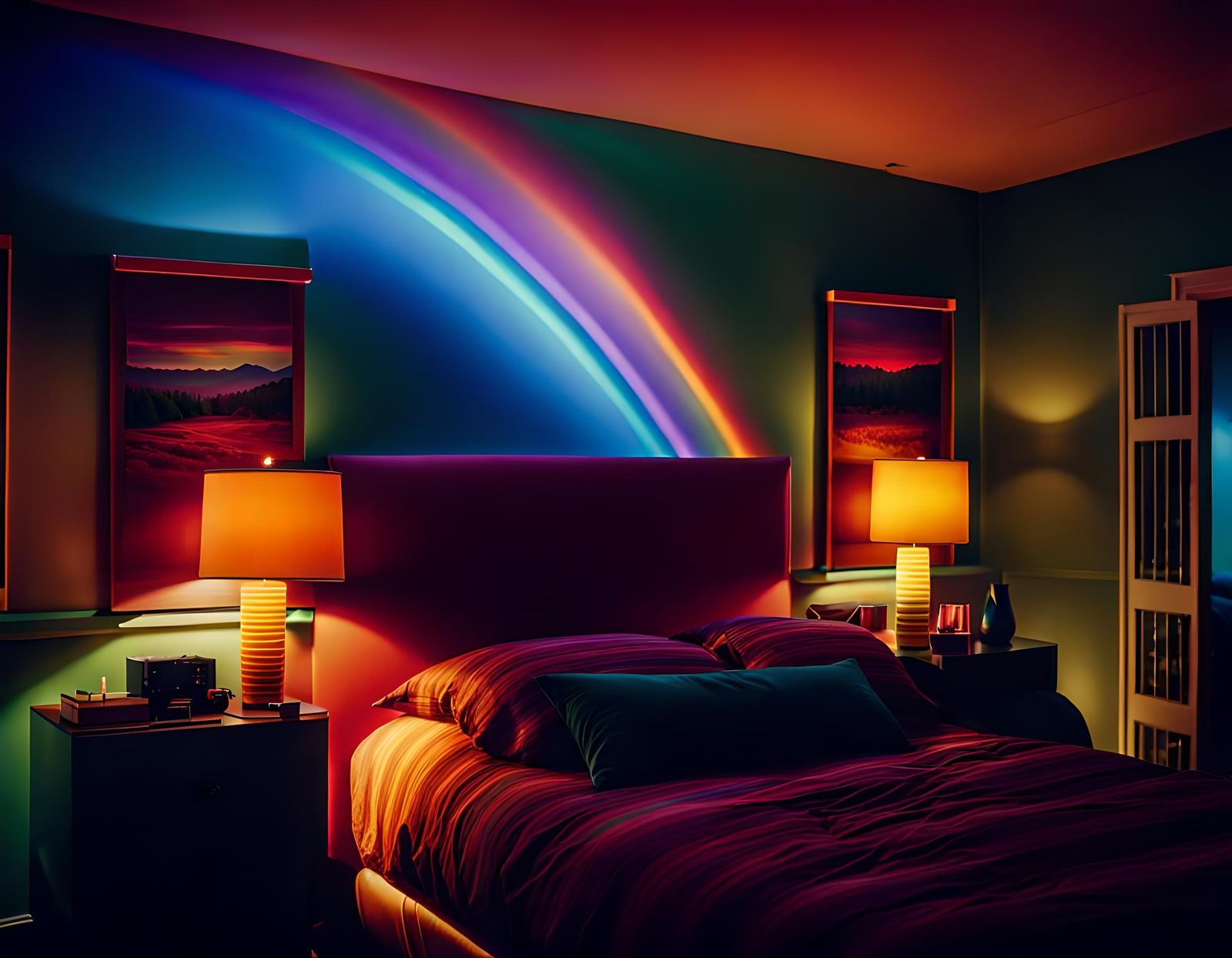 rainbow bedroom Cinematic film still, shot on v-raptor XL, film grain, vignette, color graded, post-processed, cinematic...