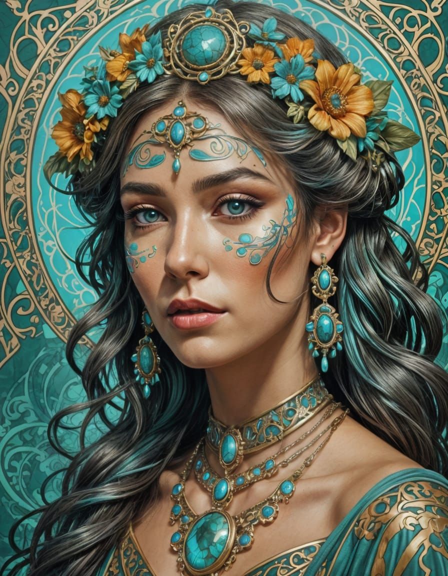 Art Nouveau Portrait of Woman with Turquoise Jewelry