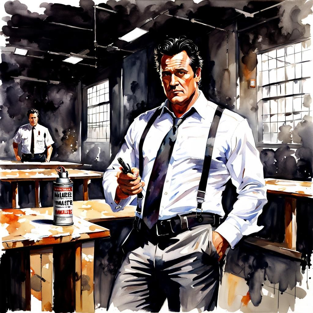 Michael Madsen Warehouse Standoff, Watercolor Style