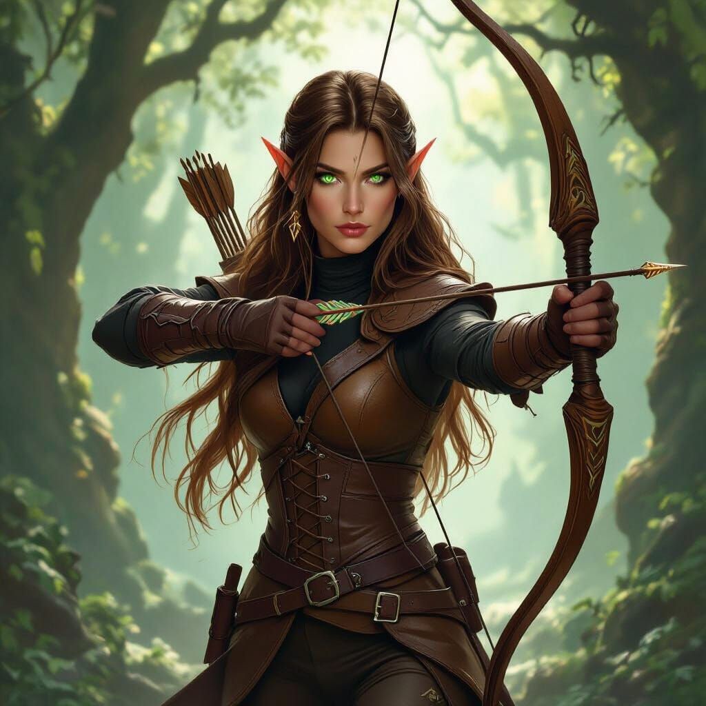 Wood Elf Archer with Rune Bow in Ancient Forest