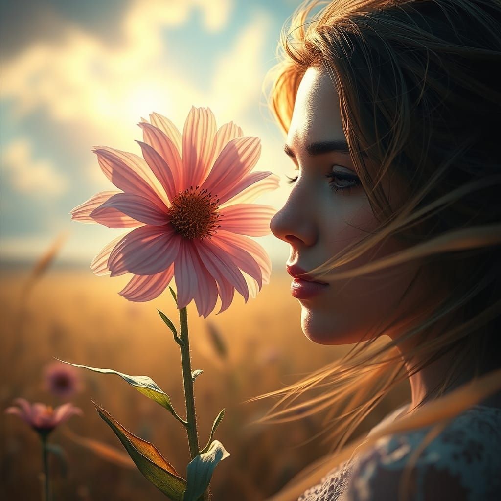 Cornflower Bending in Windy Field: Hyperdetailed Splash Art