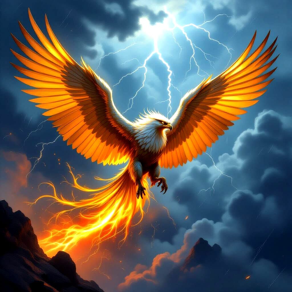 Golden Griffin Soaring Through Stormy Skies