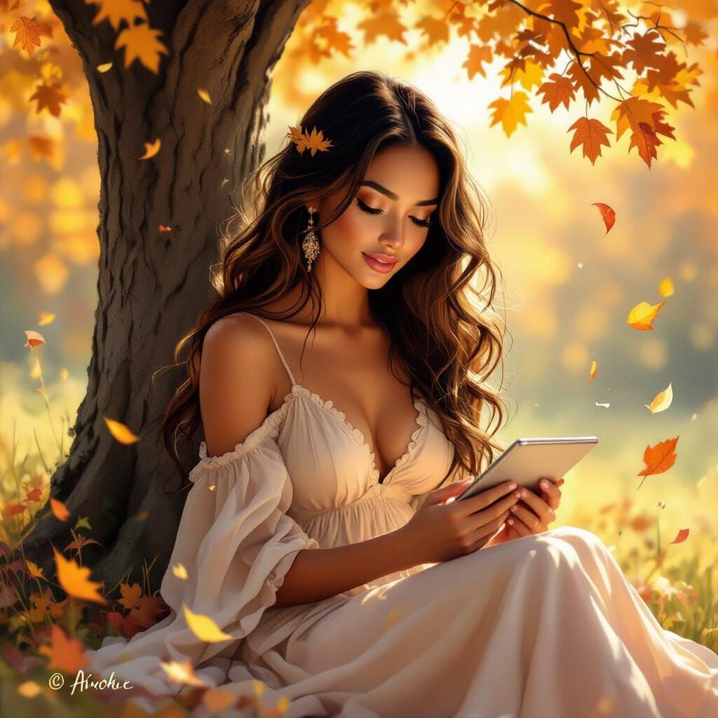 Dreamy Autumn Scene: Woman Reading Under Golden Sunlight