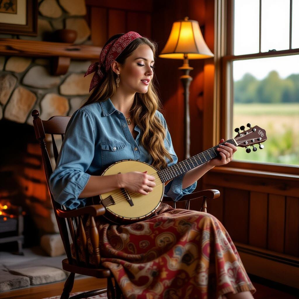 Woman Playing Dulcimer in Rustic Room at Sunset