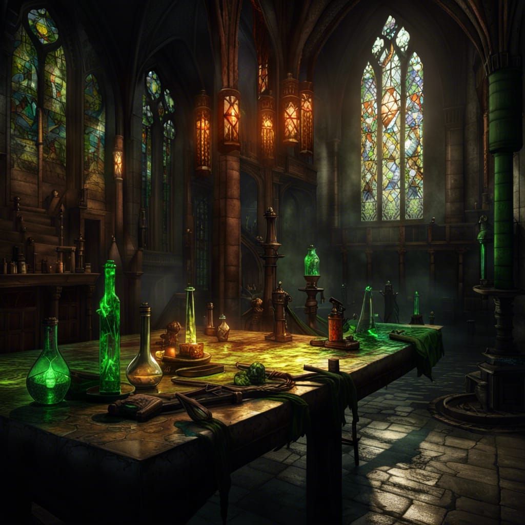 Dark Fantasy Science Lab with Green Fire