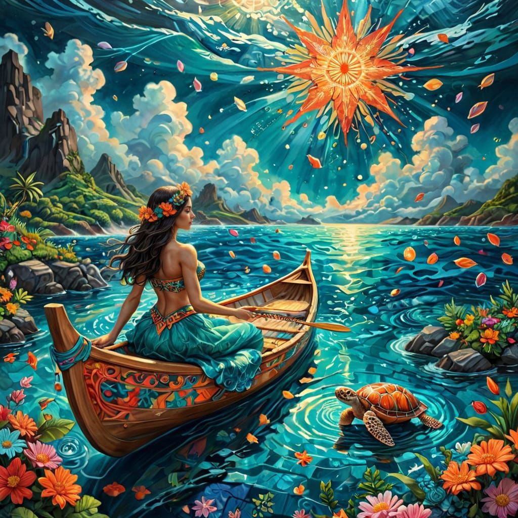 Hula Dancer in Canoe with Turtle, Whimsical Sci-Fi Concept A...