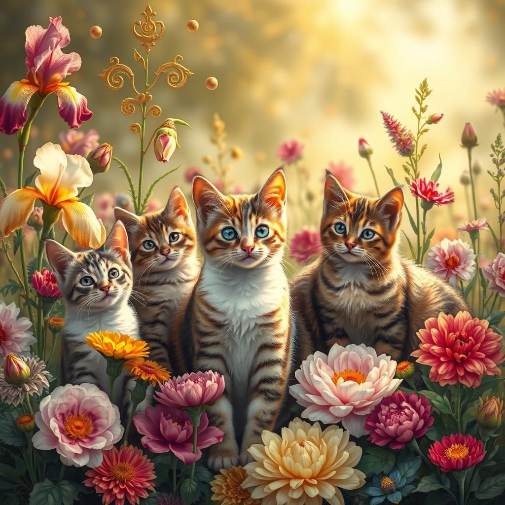 Garden of Whimsy: Cats Among Vibrant Florals