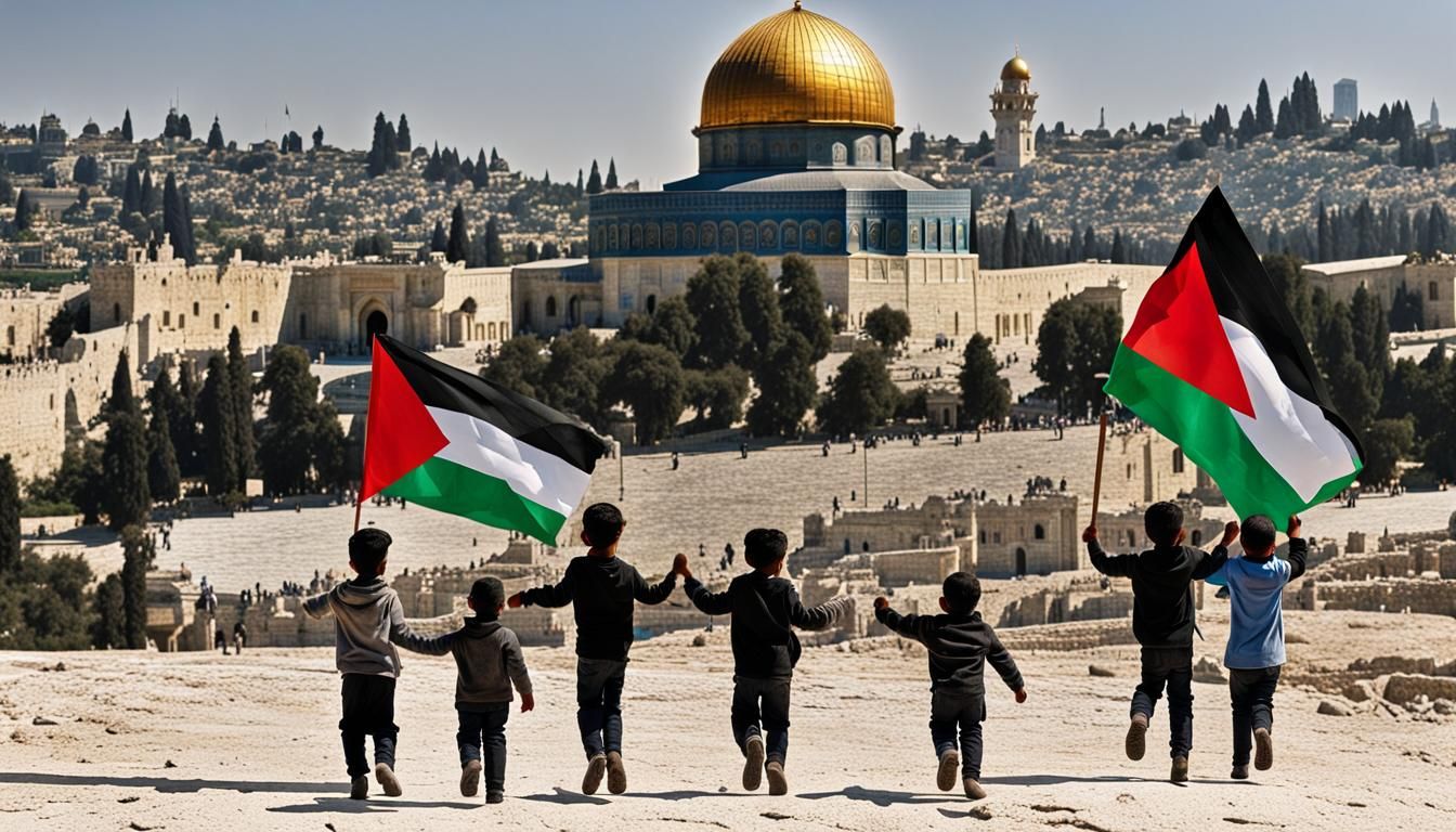 Children with Palestinian Flag in Jerusalem Landscape