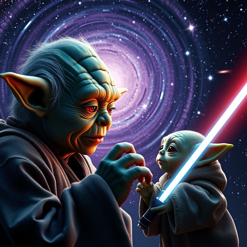 Hyper-Realistic Yoda and Baby Yoda in Galaxy