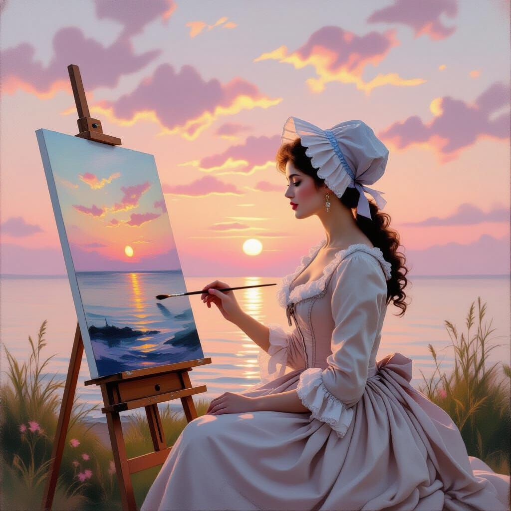 Model Painting Seascape at Sunset in Surreal Style