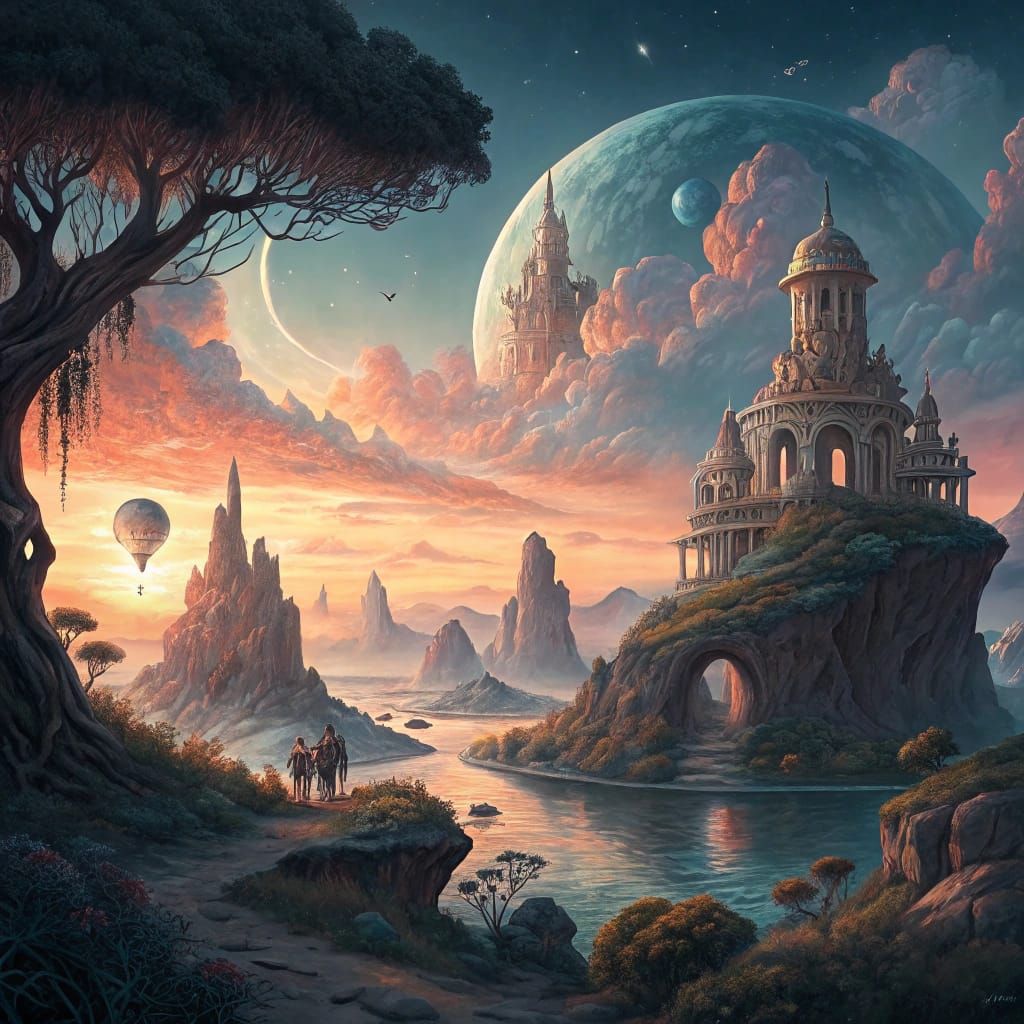 Intricately Detailed Science Fiction Worlds at Dawn in Vibra...