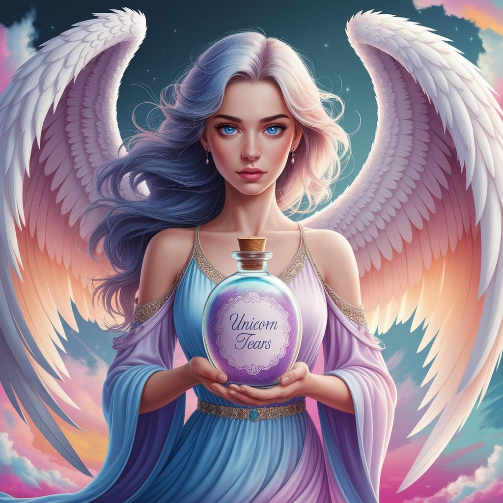Celestial Angel Holds Rare Essence in Whirlwind of Pastel Co...