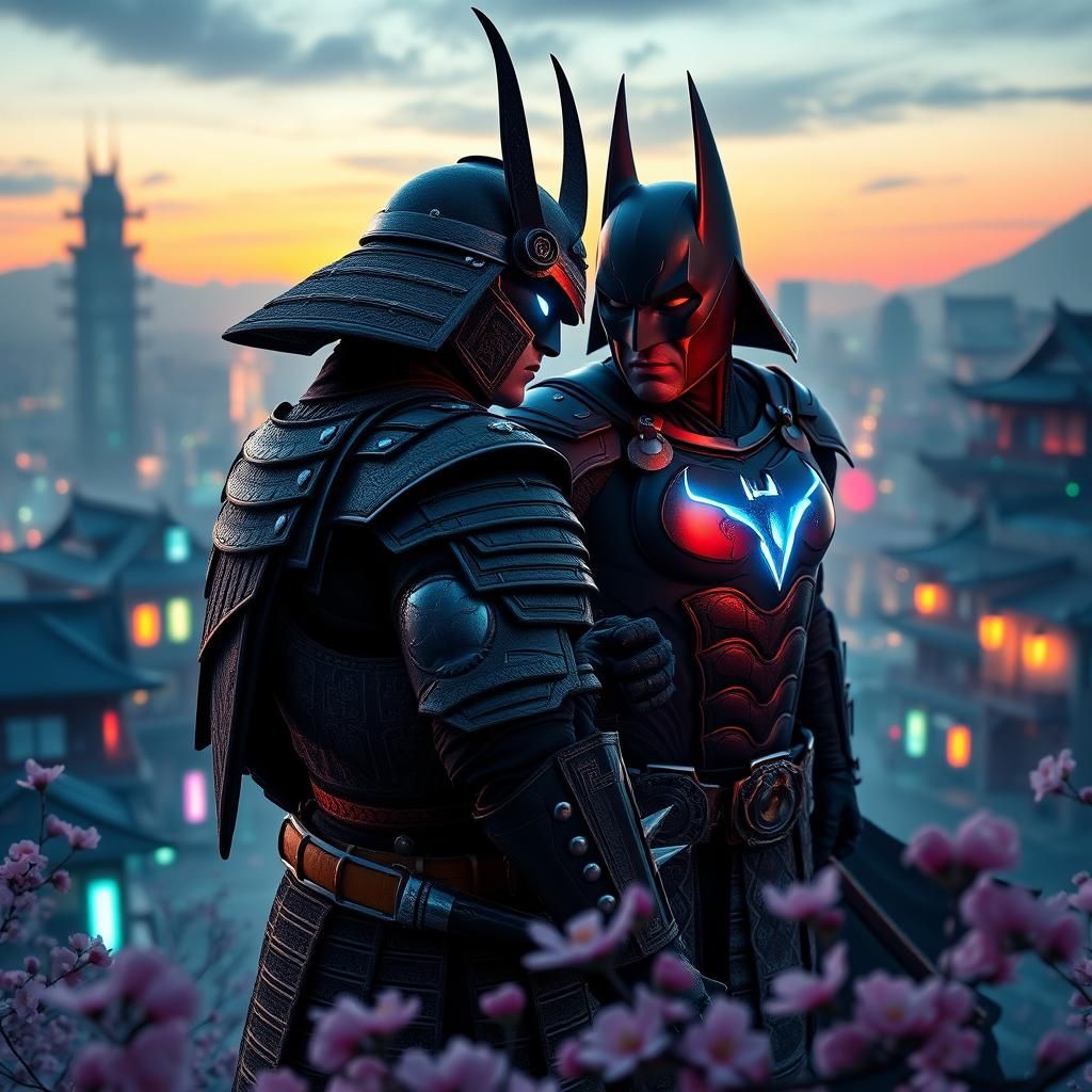 Samurai Warrior vs. Batman in a Neon Cityscape