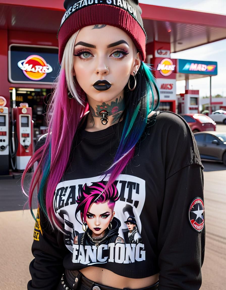 Punk Woman at Martian Gas Station: Digital Art