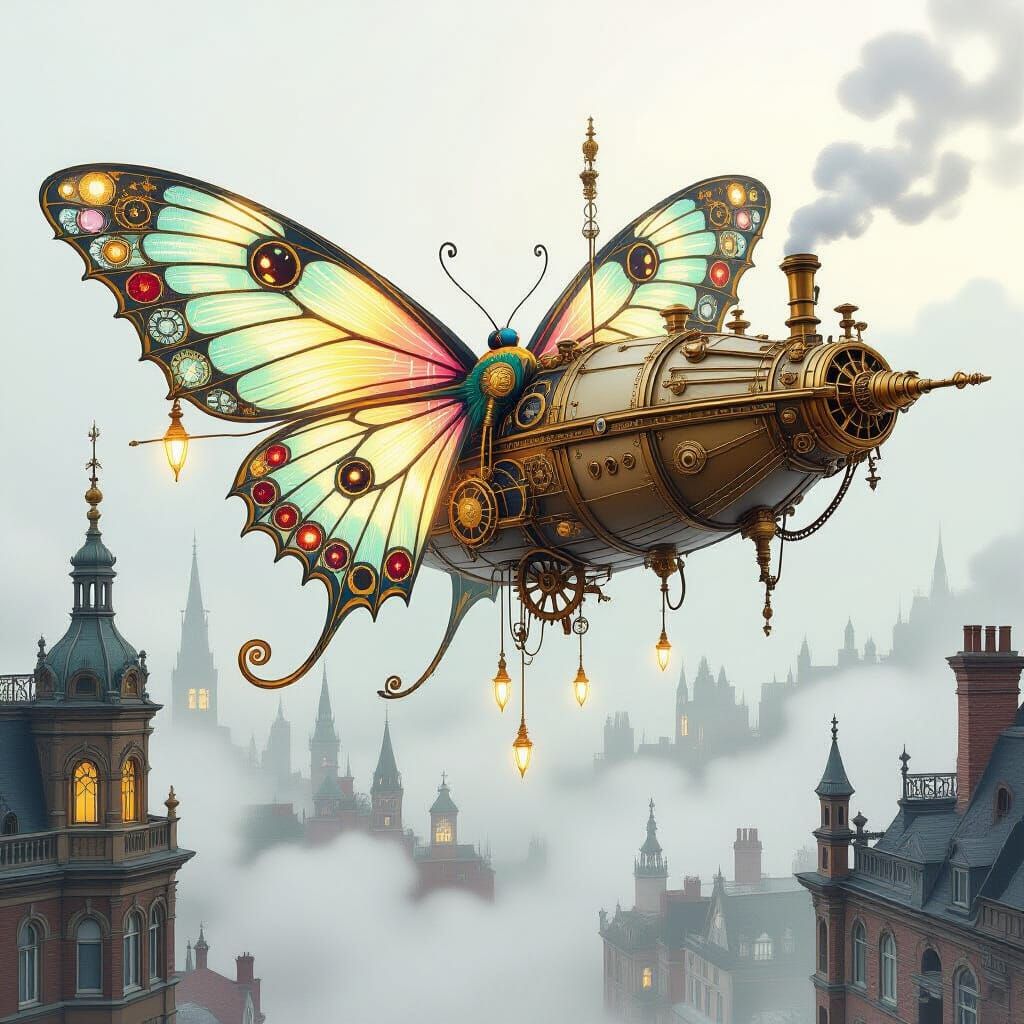Luna Moth Airship Over Victorian City, Steampunk Style