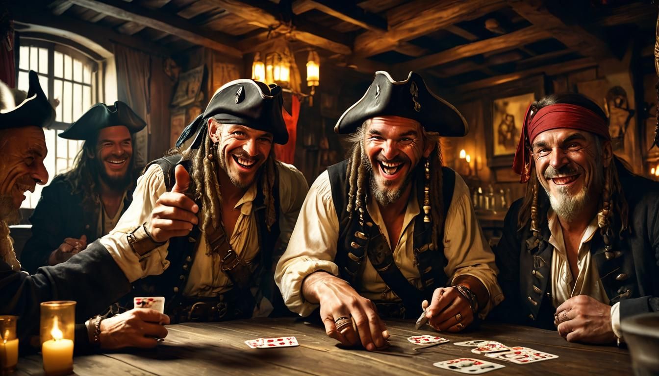 Pirates Playing Cards in Grog-Filled Tavern in Dutch Masters...