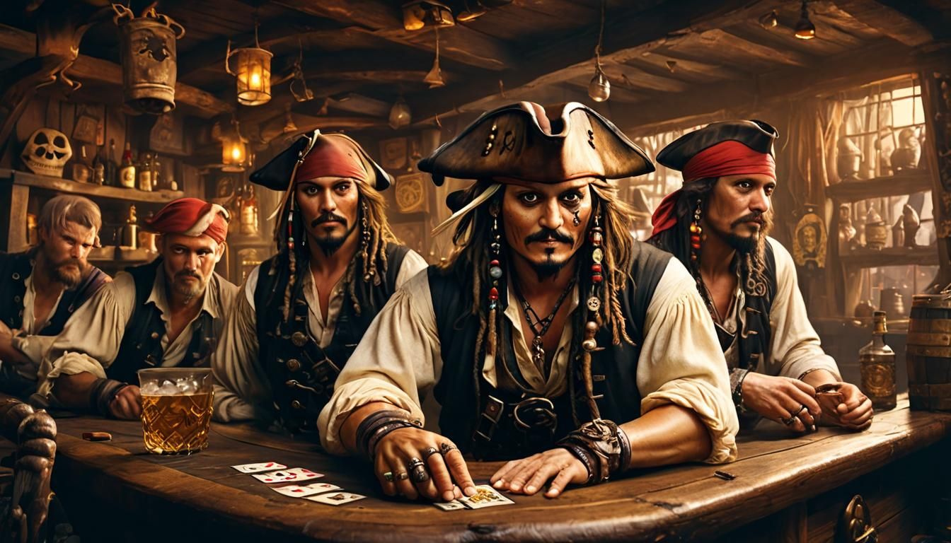 Pirates Playing Cards in Grog-Filled Tavern as Impasto Paint...