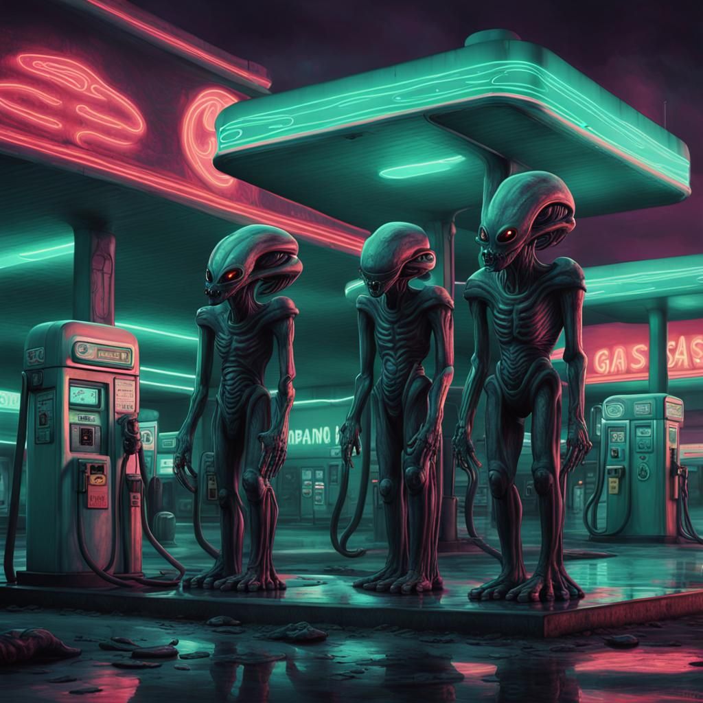 Alien Gas Station in Dark Art Nouveau Style