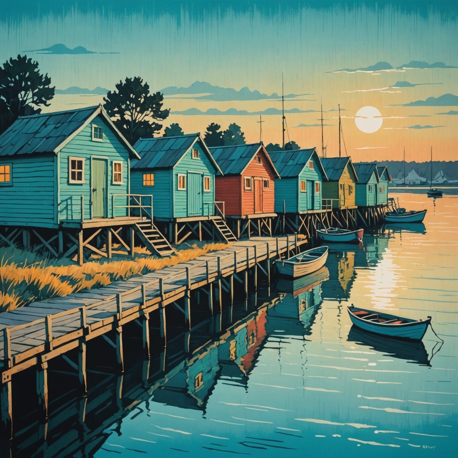 Whimsical Turquoise Fishing Huts in Watercolor Style