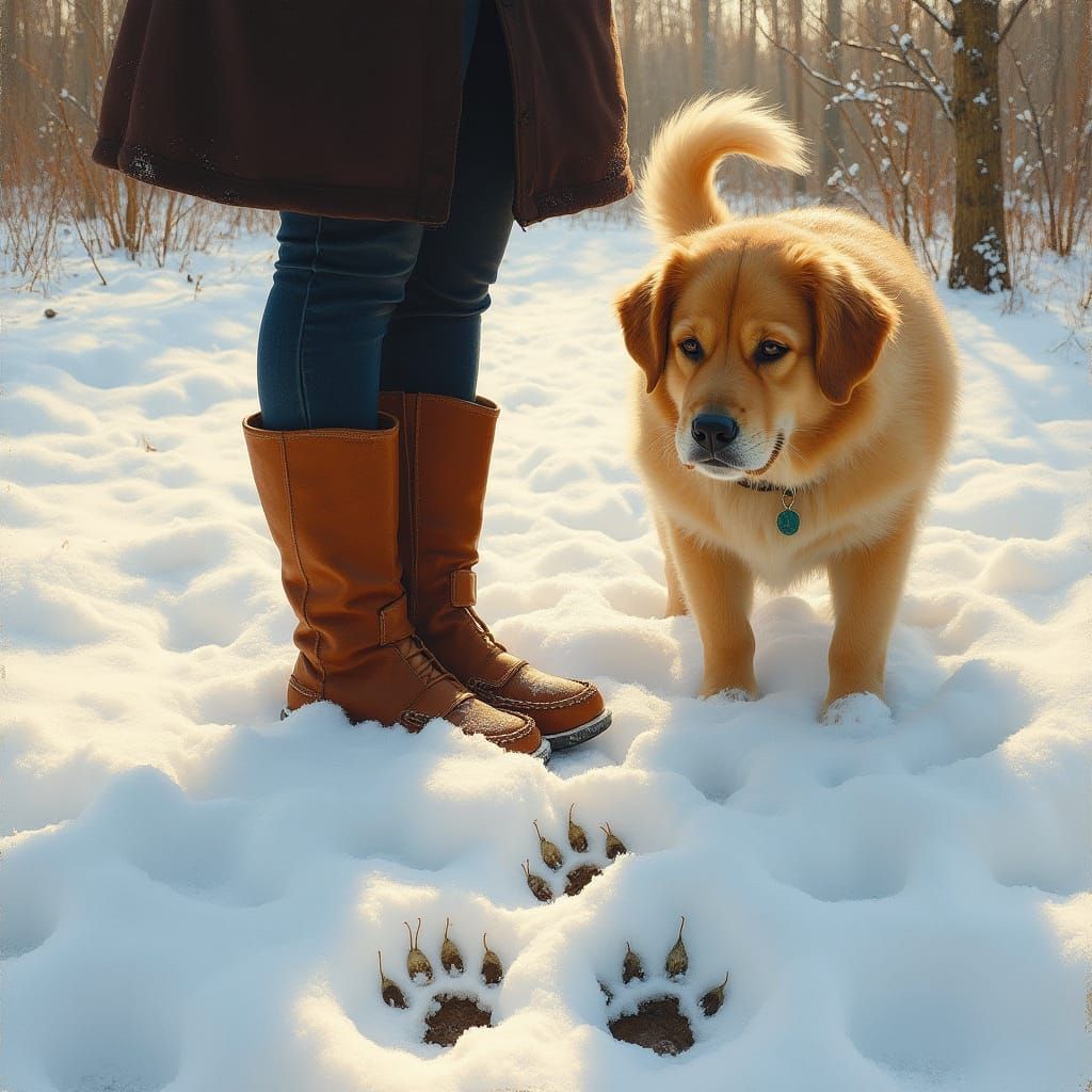 Winter Boots and Paw Prints in Snowy Landscape