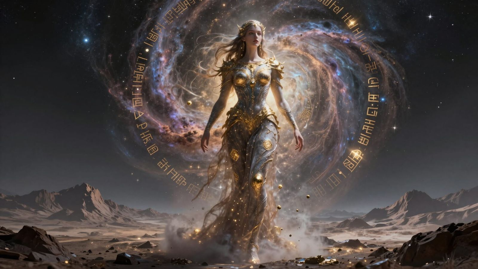 Colossal Celestial Cybergirl Descends on Mountainous Planet