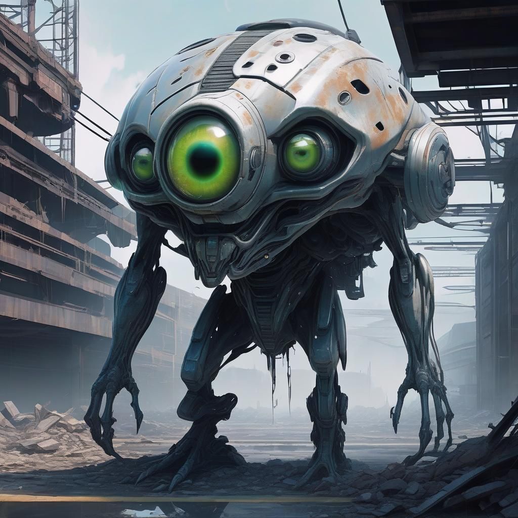 Anime Alien in Ruined Sci-Fi Landscape