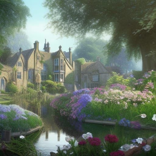 Victorian Lakeside Village with Gothic Architecture