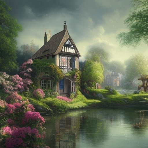 High Gothic Victorian Lakeside Village in Spring