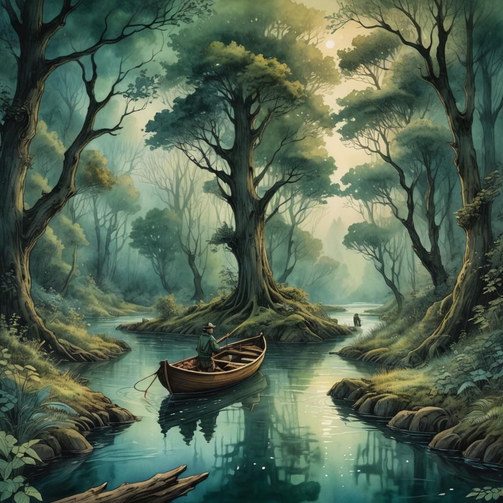 Man and Dog on River in Watercolor Painting