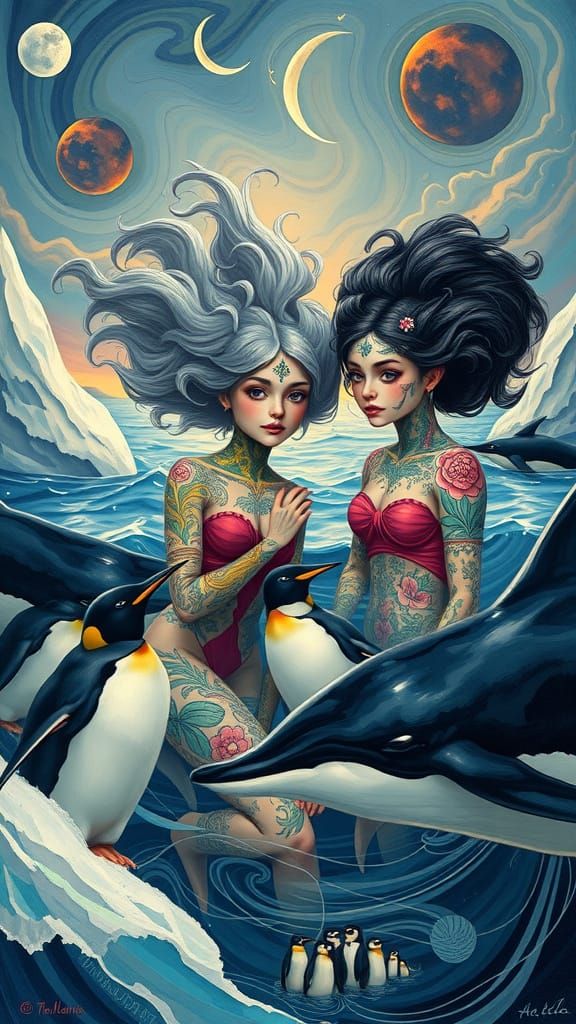 Surreal Sisters Explore Arctic with Tattooed Hair and Pengui...