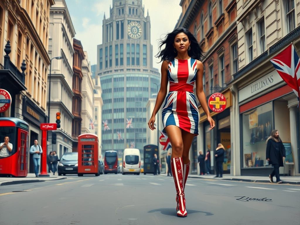 Woman in Union Jack Dress Striding in London
