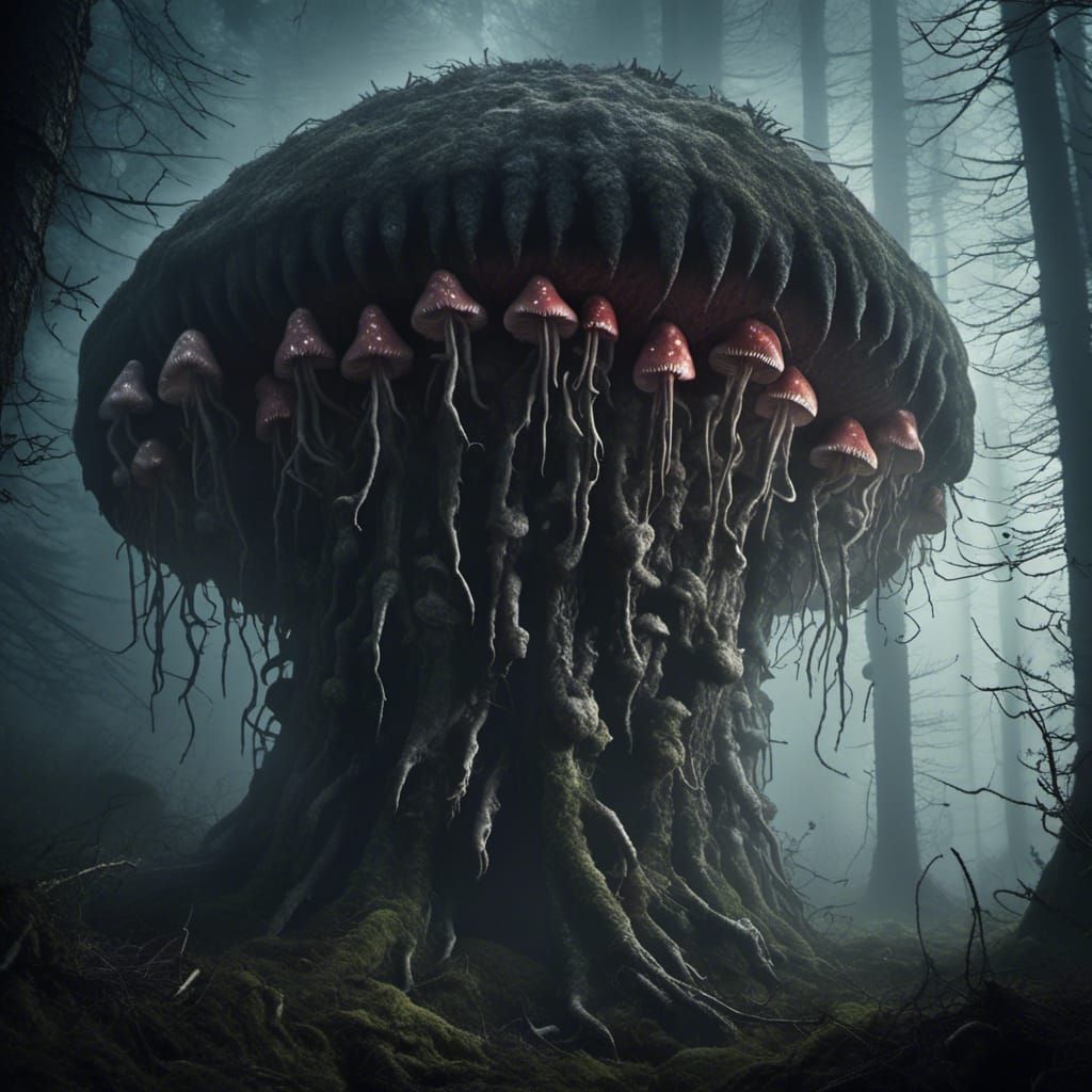 mushrooms with sharp teeth , ominous <lora:Portrait Monster:...