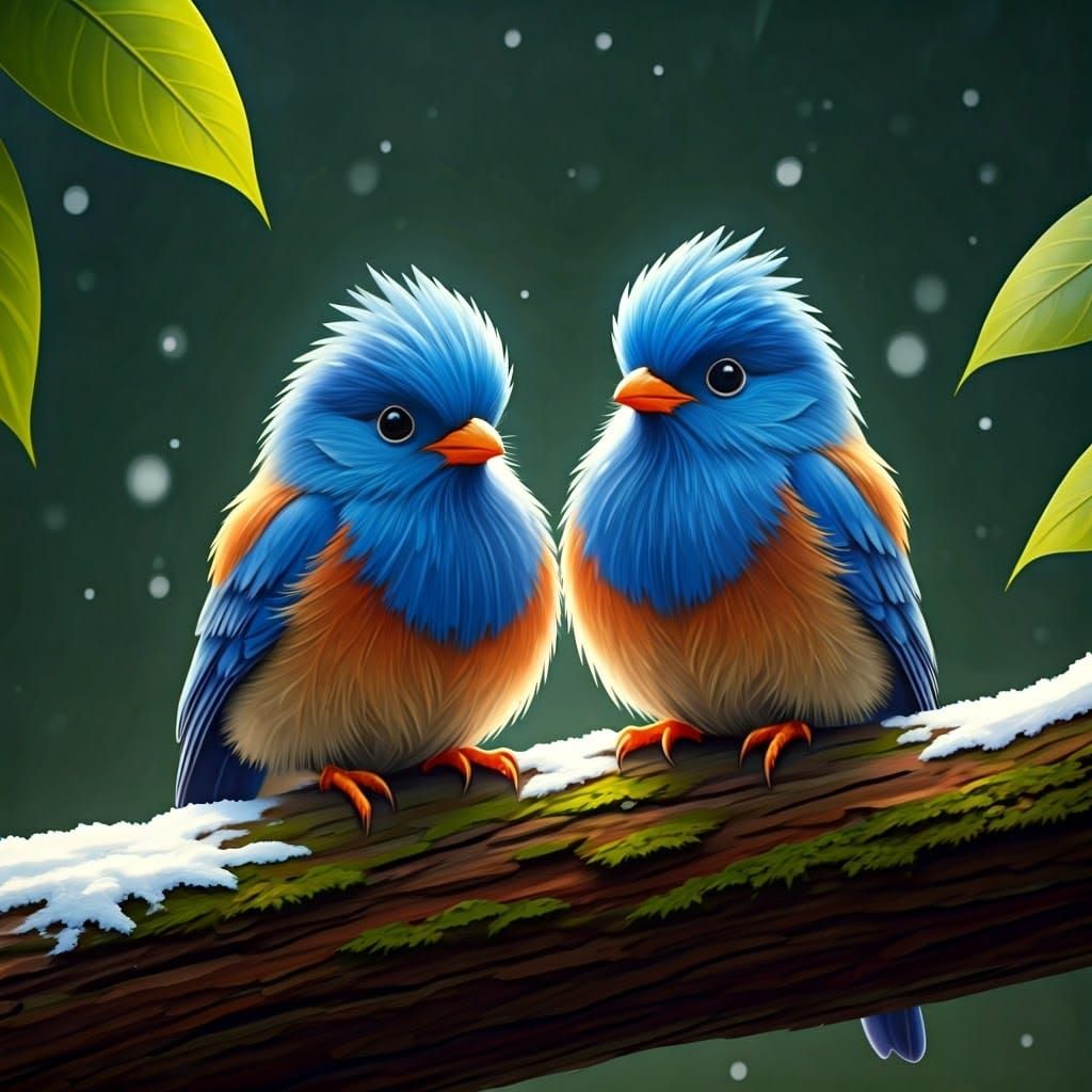 Winter Jungle Birds in Impressionist Art Style