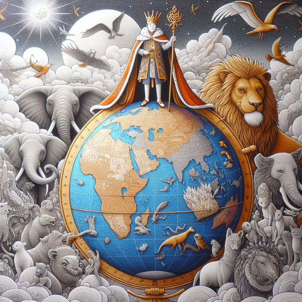 Detailed Globe Illustration with Regal Figure and Animals