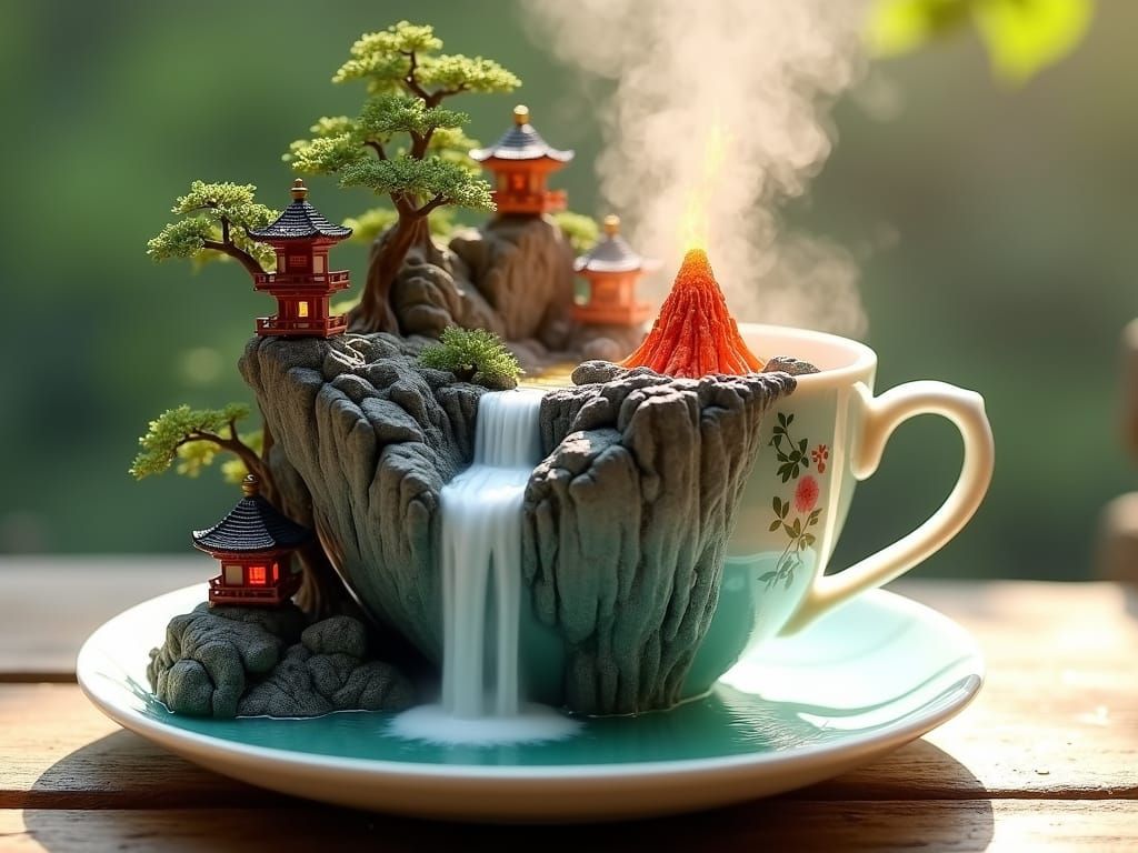 Intricately Designed Porcelain Teacup with Miniature Japanes...