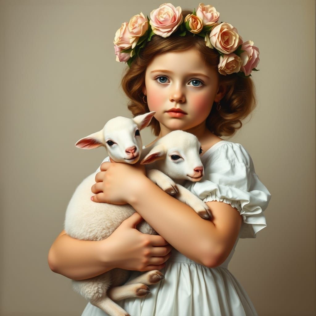 Young Girl with Lambs in a Neoclassical Style