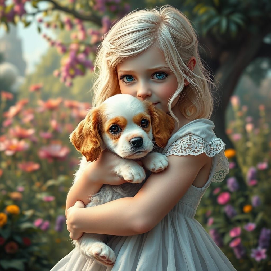 Fantastical Girl Holds Cocker Spaniel in Vibrant Dreamlike W...