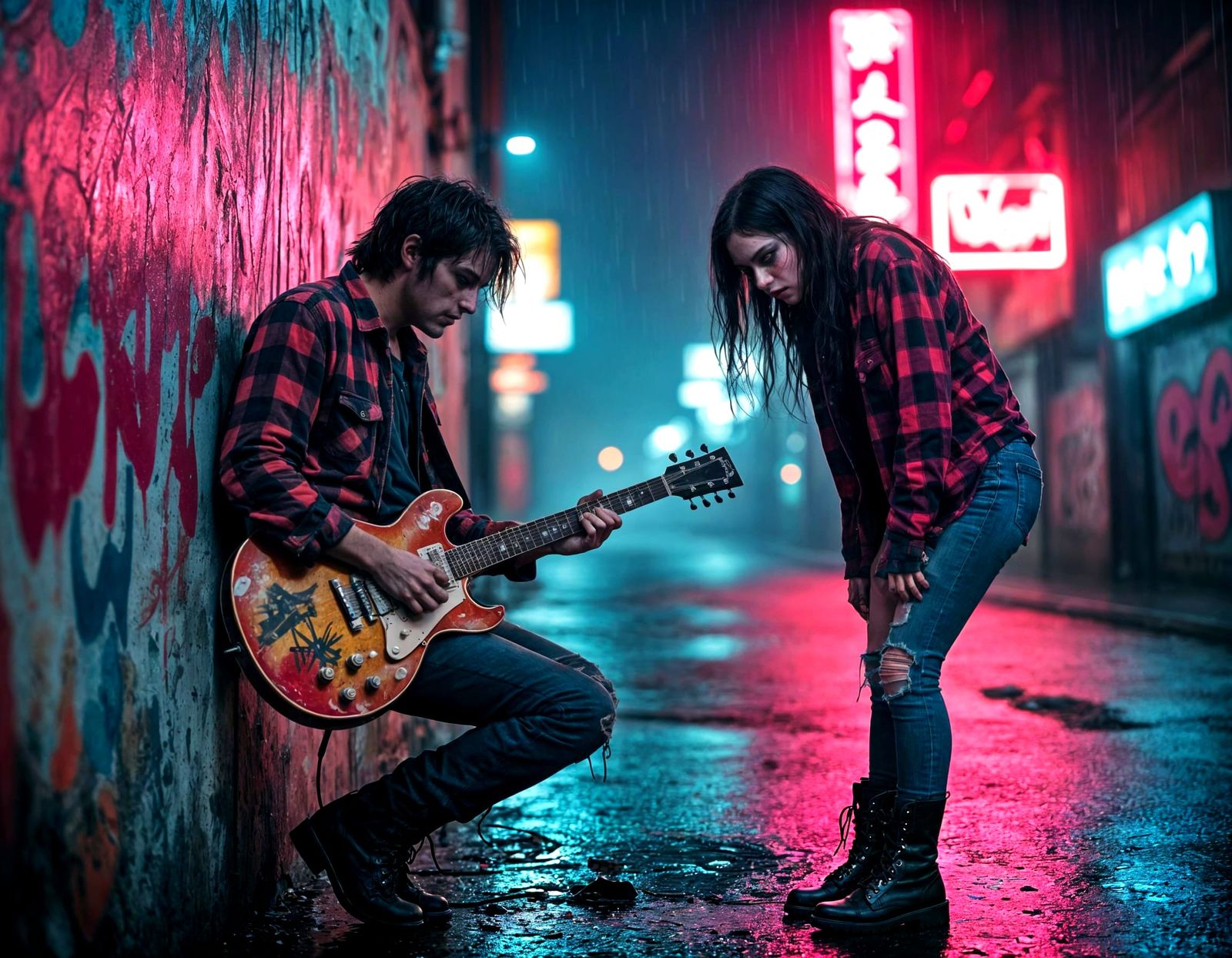 Grunge Couple Performs in Rainy City Night