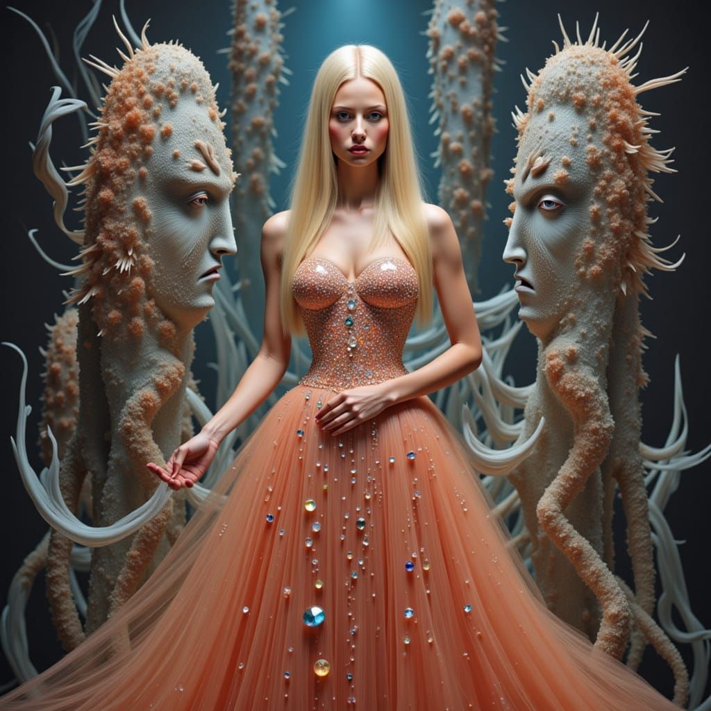 Surreal Gemstone Dress Woman With Ethereal Creatures