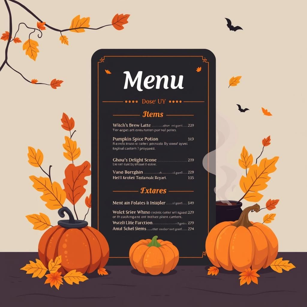 Halloween Cafe Menu with Flat Vector Pumpkin Illustration