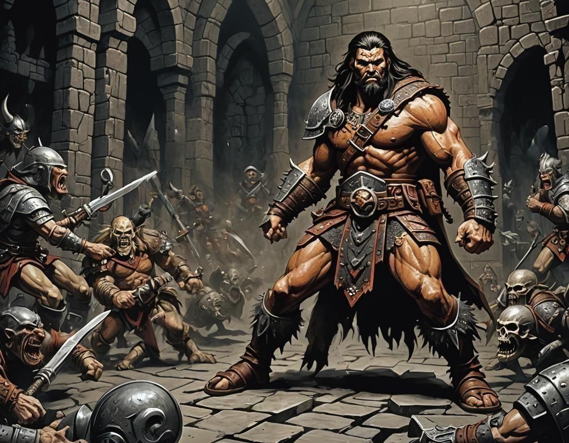 Barbarian Hero in Grimdark Dungeon, Oldhammer Art