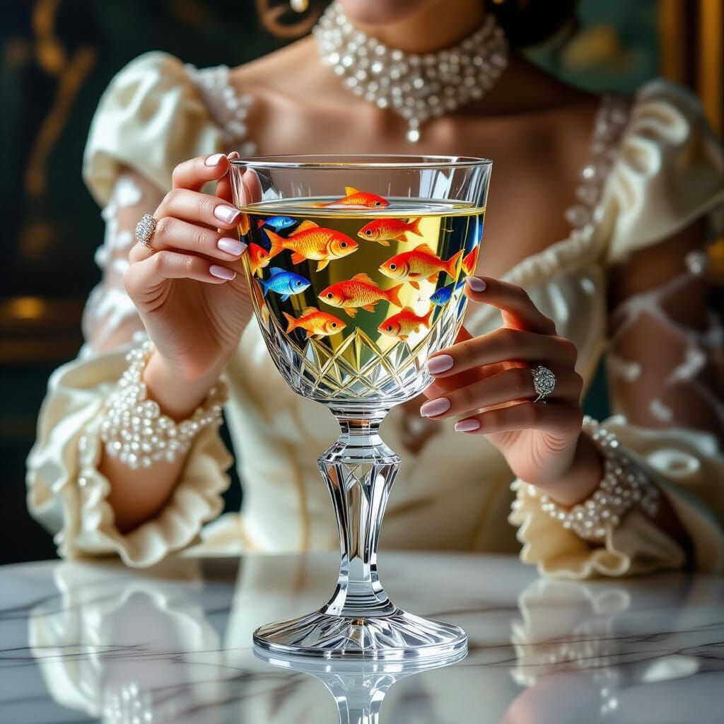 Elegant Figure Reaches for Crystal Goblet of Fish