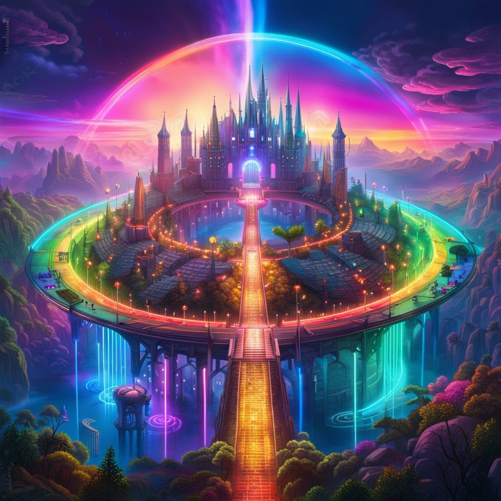 Neon Cyberpunk City with Rainbow Light Halo