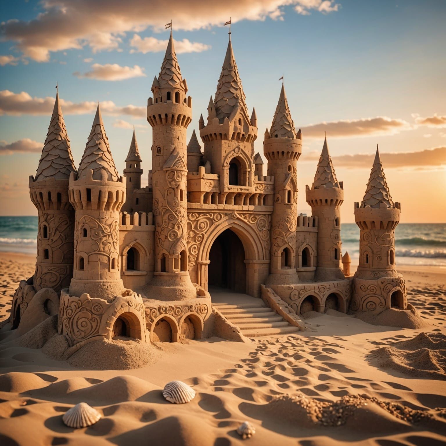 Magical Sandcastle with Seashell Mosaics at Sunset