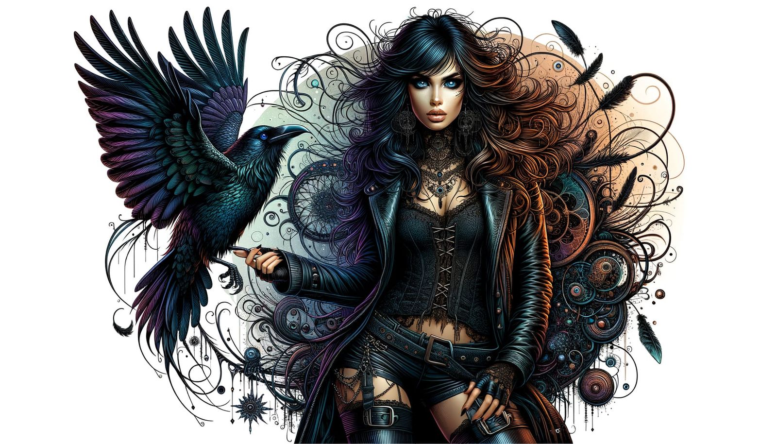Gothic Punk Goddess with Raven in Whimsical Twilight