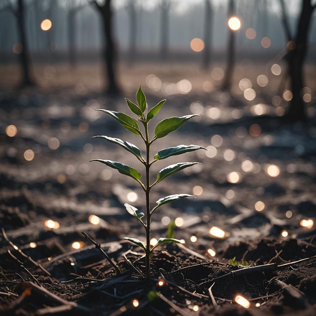 Lonely Wasteland: Hopeful Plant in Barren Landscape