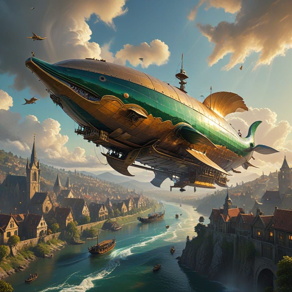 Steampunk Whale Airship Over Medieval City