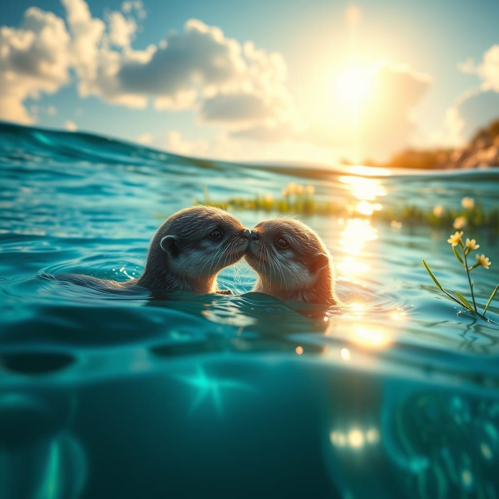 Baby Otters Kissing in Crystal Water