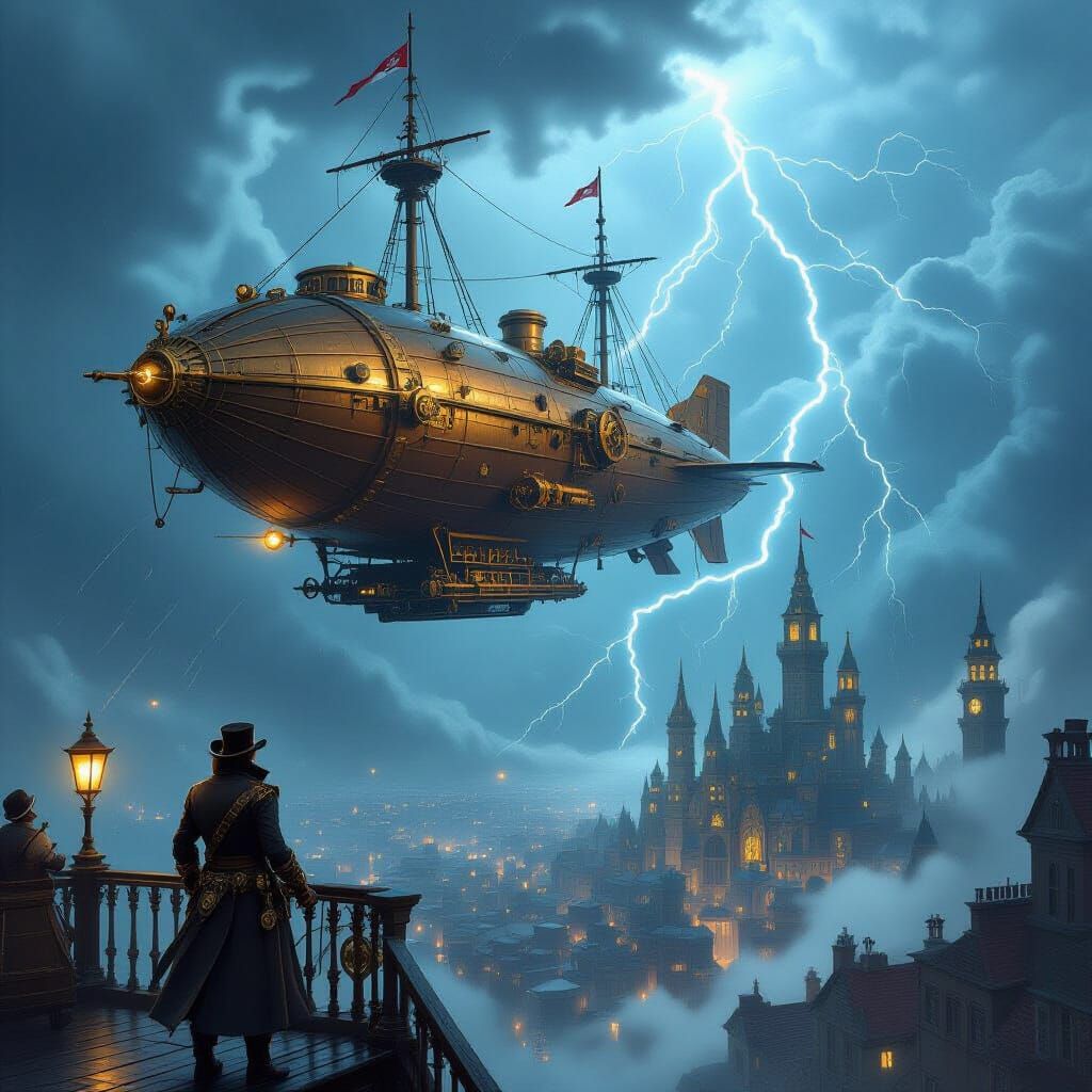 Steampunk Airship Soars Through Stormy Skies