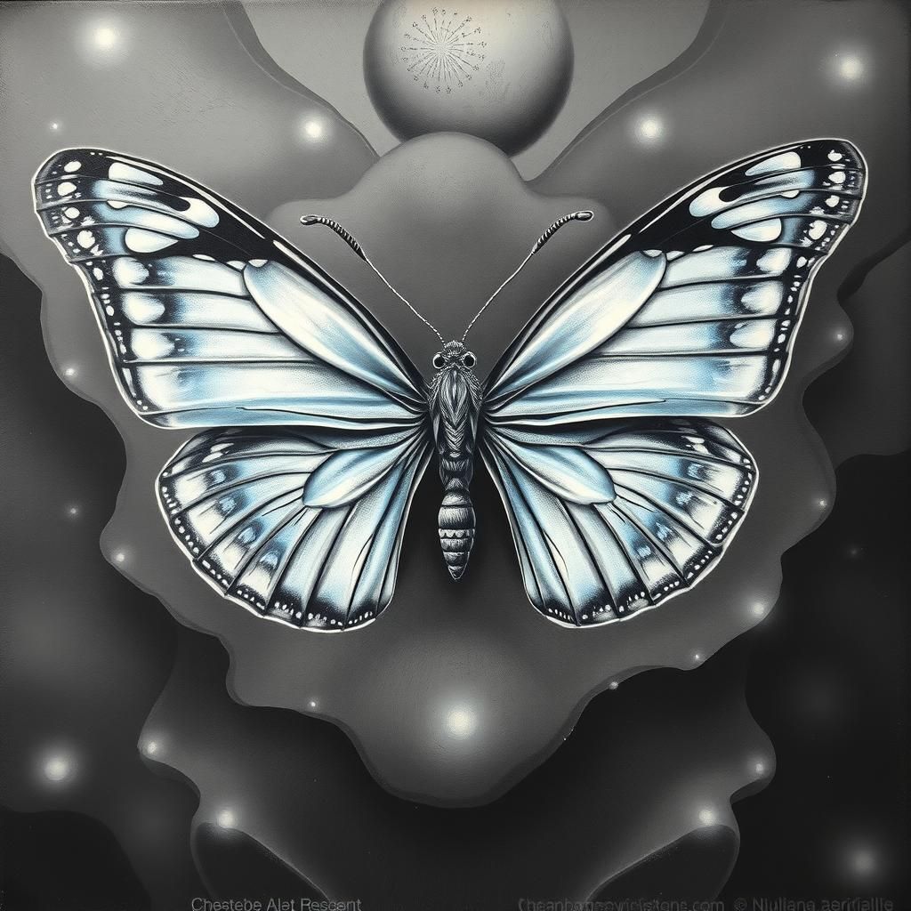 Iridescent Butterfly Charcoal Drawing in Surrealist Style